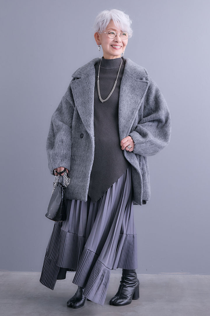 【SET】アシンメトリーオーバーニット+ワイドラペルコクーンスリーブシャギーコート+アシンメトリープリーツスカート(3set)