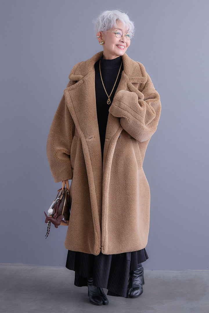 【SET】アシンメトリーオーバーニット+テディボアロングコート+アシンメトリープリーツスカート(3set)