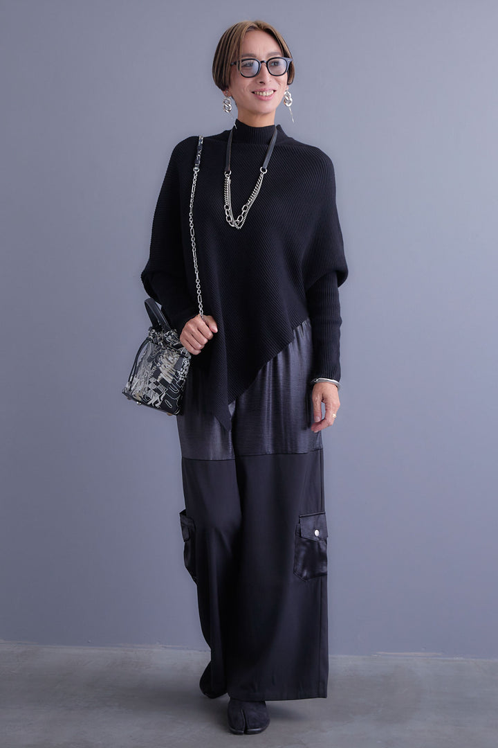 【SET】アシンメトリーオーバーニット+パテントデザインワイドパンツ(2set)