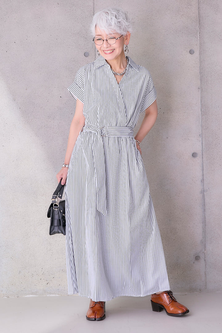 【予約】ストライプスキッパーカシュクールワンピース
