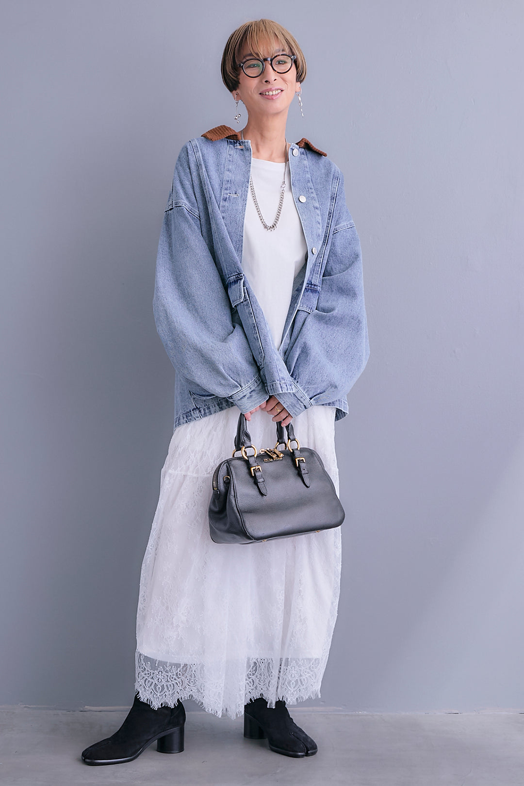 【SET】コーデュロイカラー10ozデニムジャケット+アシンメトリーロンT+アイラッシュレースロングスカート(3set)