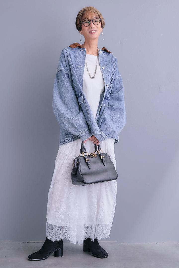 【SET】コーデュロイカラー10ozデニムジャケット+アシンメトリーロンT+アイラッシュレースロングスカート(3set)