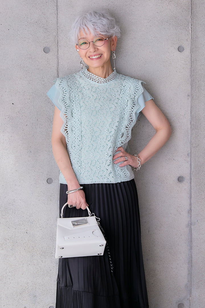 【SET】接触冷感スタンドカラーフレンチスリーブレースブラウス+アシンメトリープリーツスカート(2set)