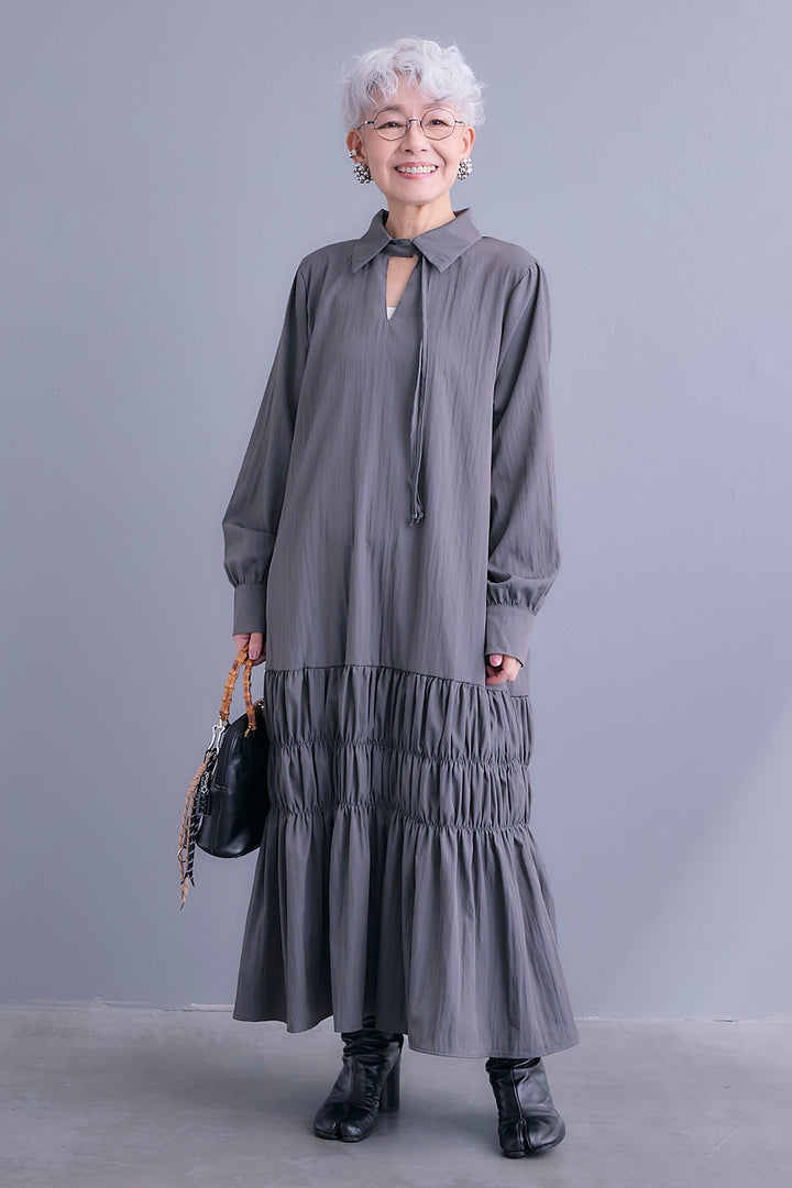 【予約】コードキーネックシャーリングデザインワンピース