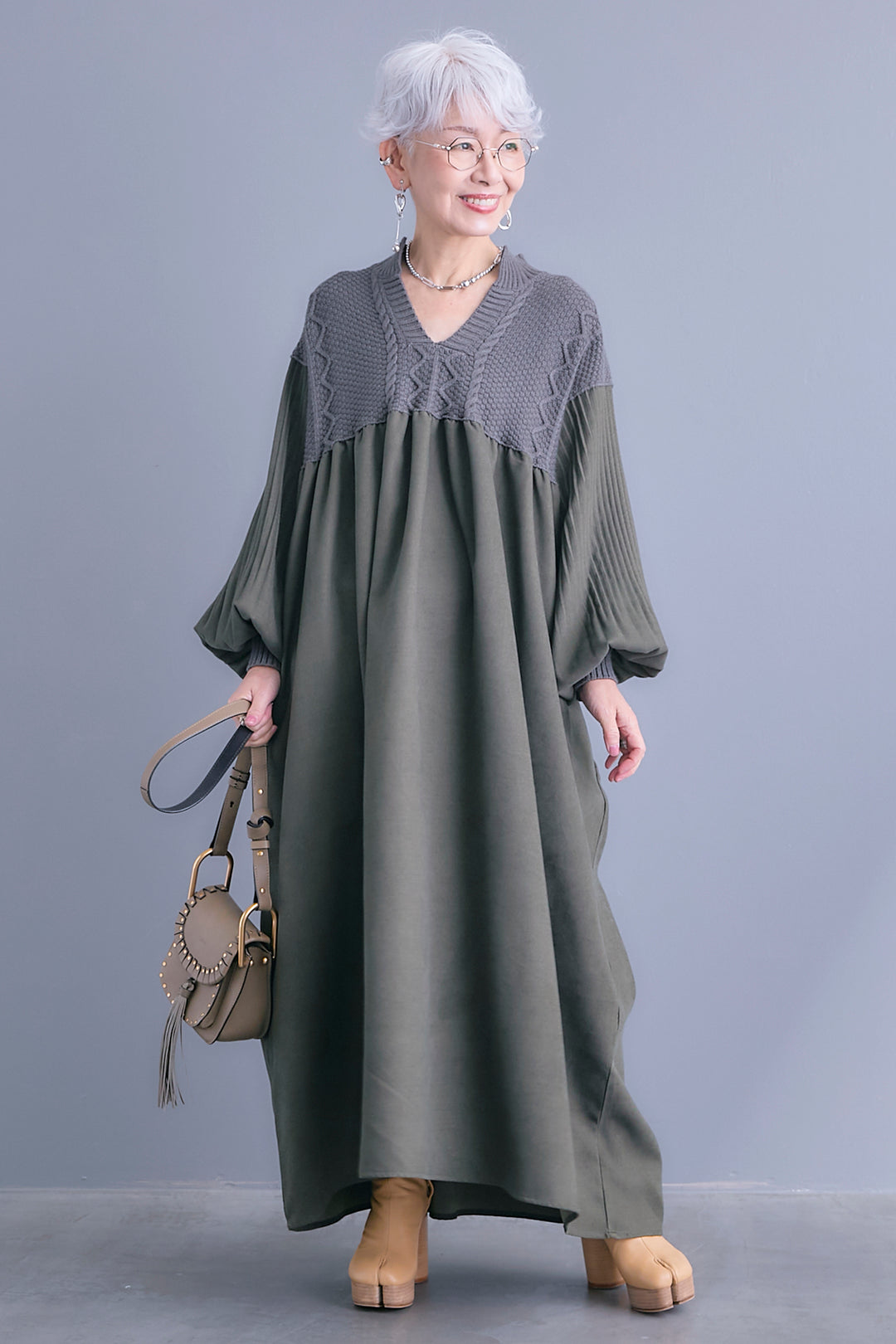 【予約】コーデュロイ×ニットコンビキーネックワンピース