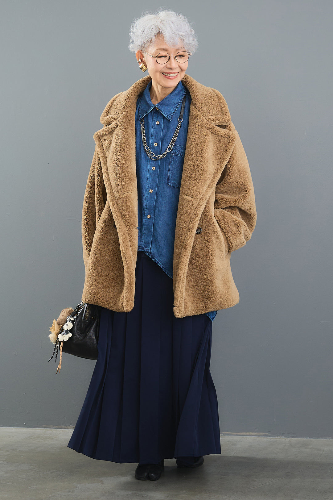 【SET】ヴィンテージアシンメトリーデニムシャツ+テディボアミディコート+デニムドッキングプリーツスカート(3set)