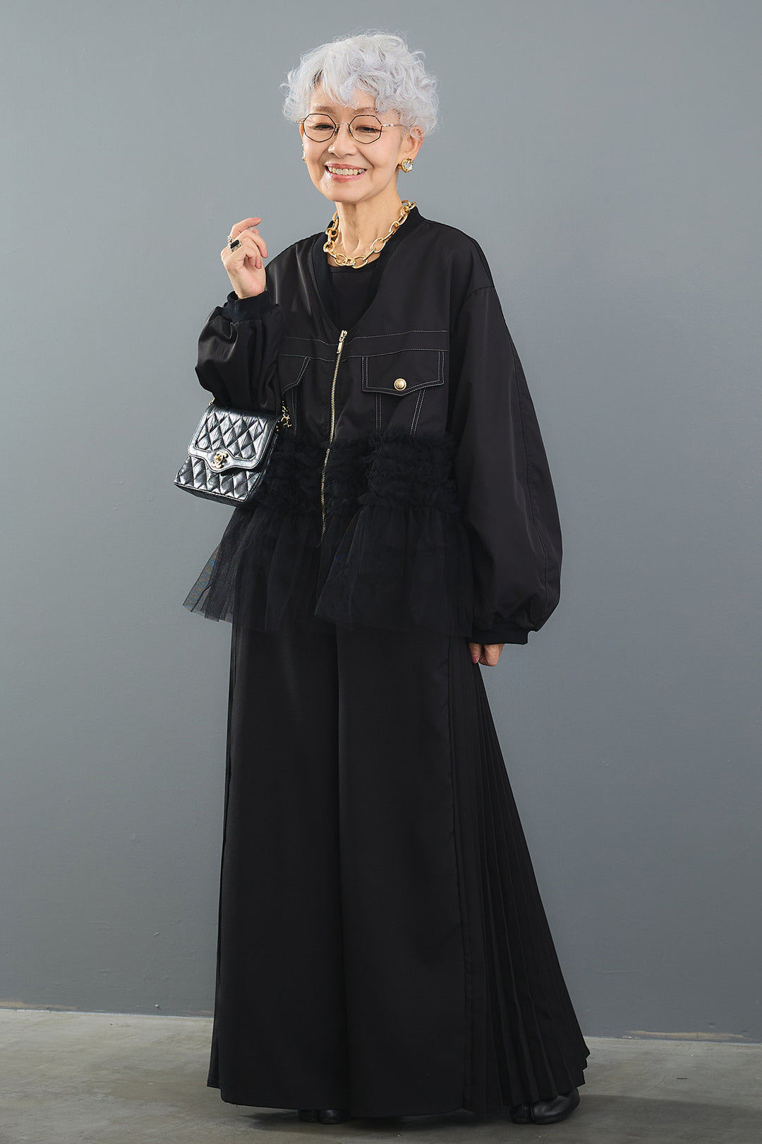 【SET】チュールドッキングブルゾン+サイドプリーツワイドパンツ(2set)