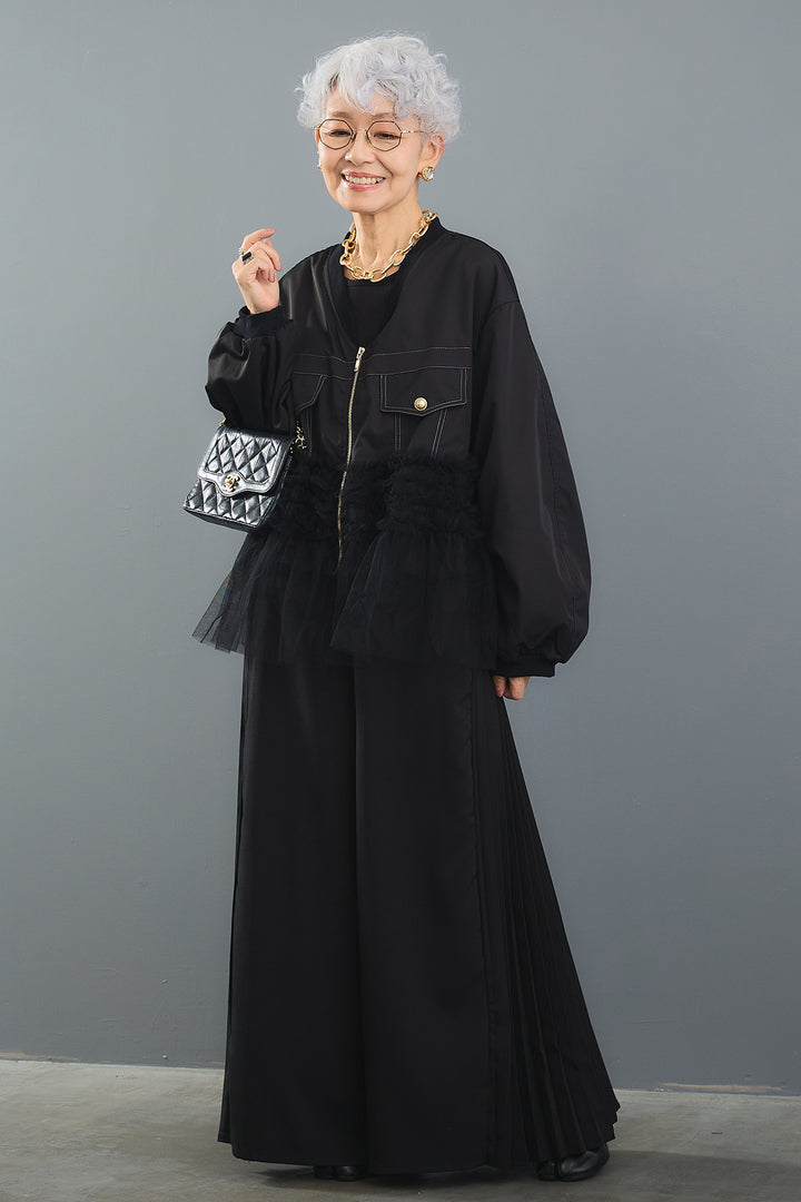 【SET】チュールドッキングブルゾン+サイドプリーツワイドパンツ(2set)