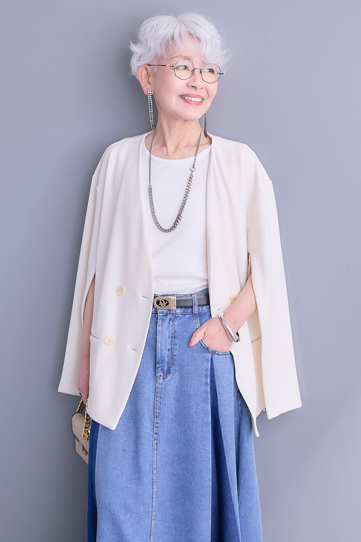 【SET】ZIPスリーブケープライク2WAYジャケット+プリーツタックデニムスカート(2set)