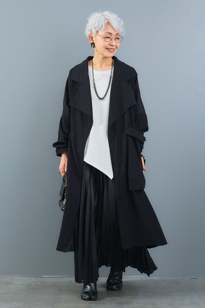 【SET】アシンメトリーロンT+ワッシャートレンチライクライトコート+レザーライクプリーツスカート(3set)