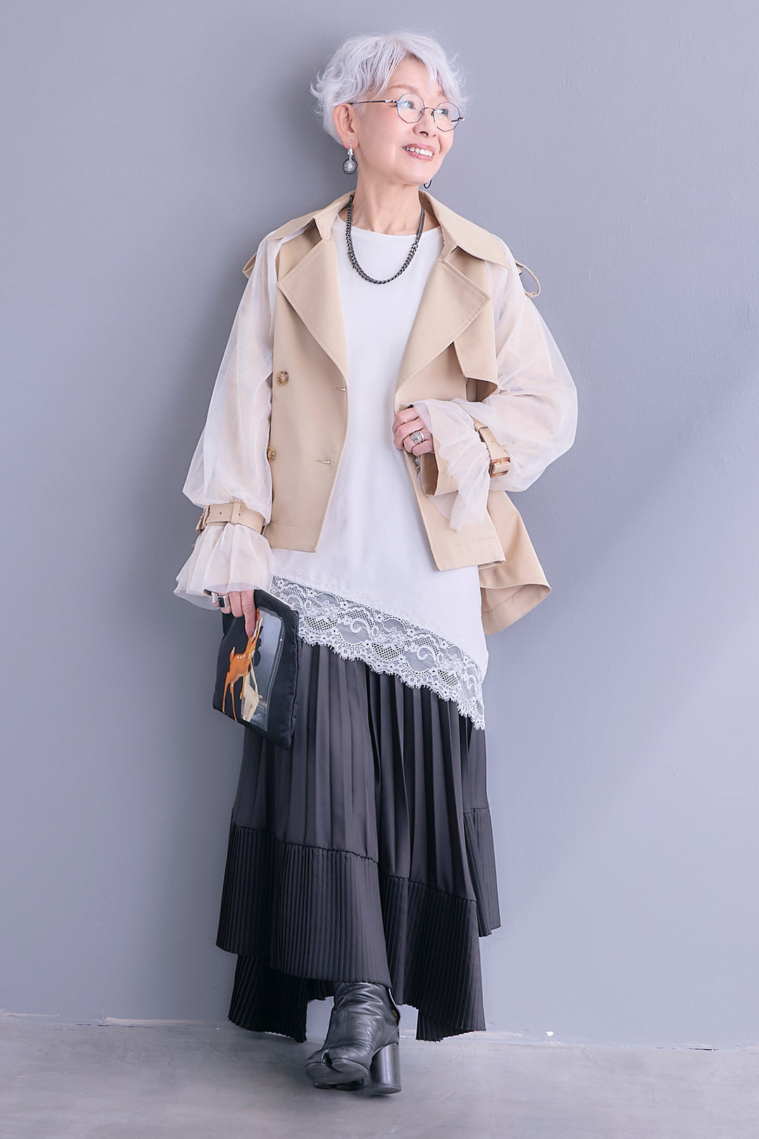 【SET】チュールレイヤードショートトレンチ+ヘムレースアシメロンT+アシンメトリープリーツスカート(3set)