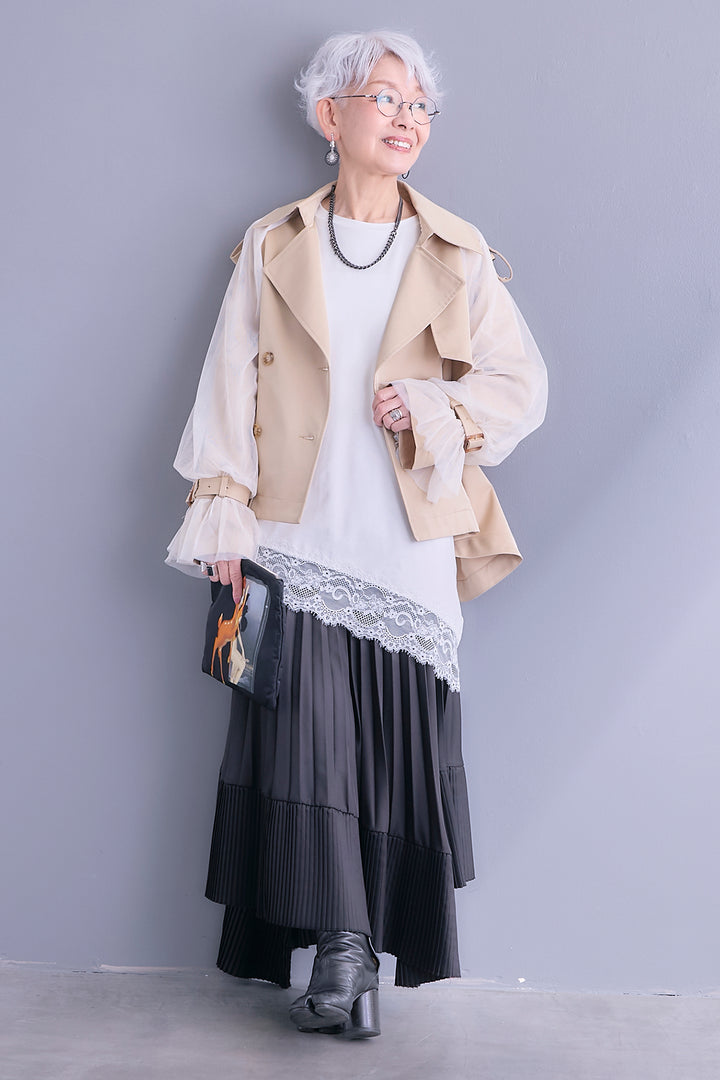 【SET】チュールレイヤードショートトレンチ+ヘムレースアシメロンT+アシンメトリープリーツスカート(3set)