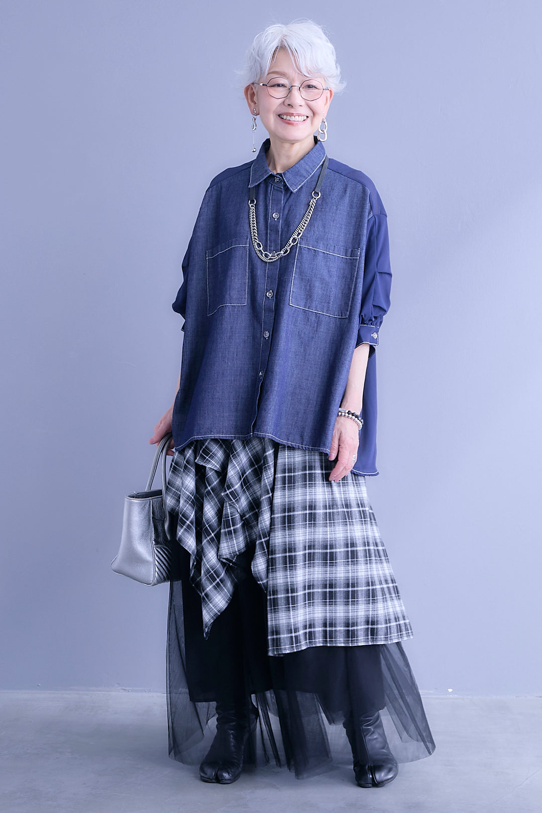 【予約】デニム×シフォンパフスリーブシャツ