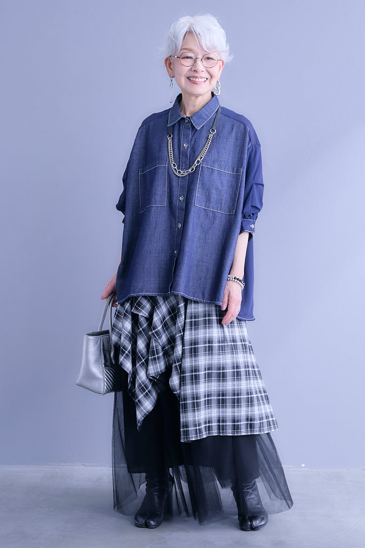 【予約】デニム×シフォンパフスリーブシャツ