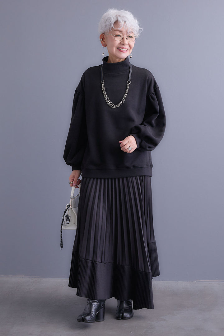 【SET】ボリュームスリーブモックネックプルオーバー+アシンメトリープリーツスカート(2set)