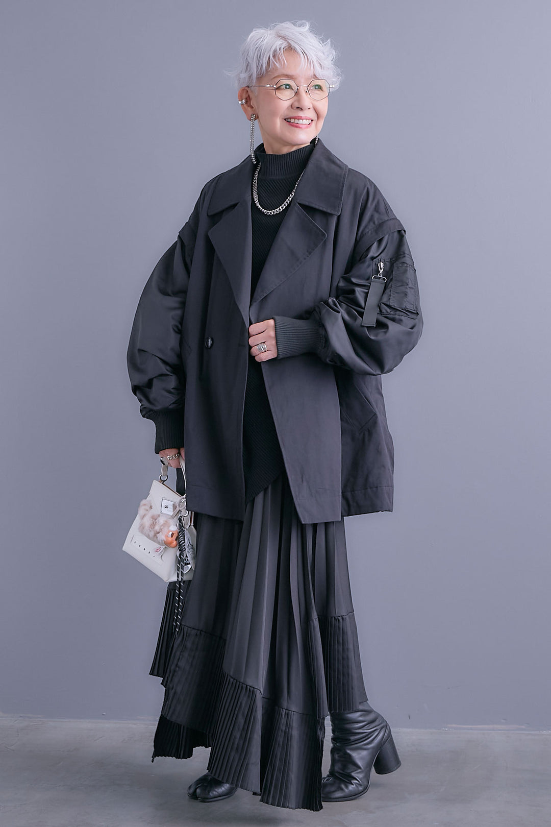 【SET】アシンメトリーオーバーニット+シャーリングMA-1オーバートレンチ【2WAY】+アシンメトリープリーツスカート(3set)