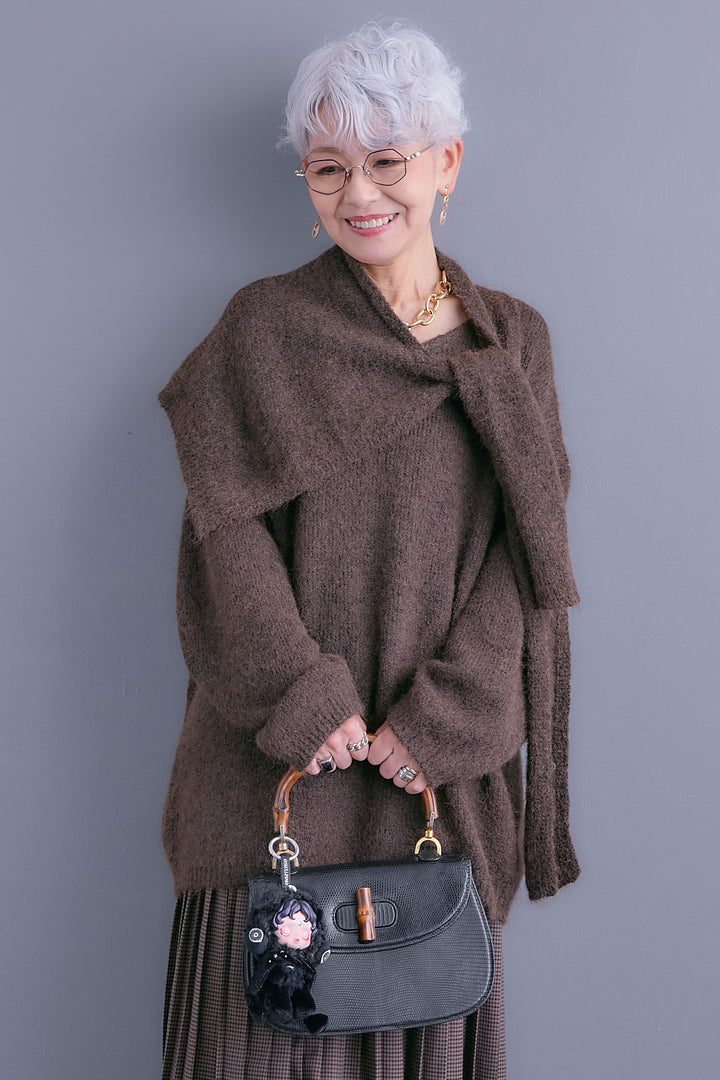 【SET】カーデケープVネックニット+グレンチェックプリーツスカート(2set)