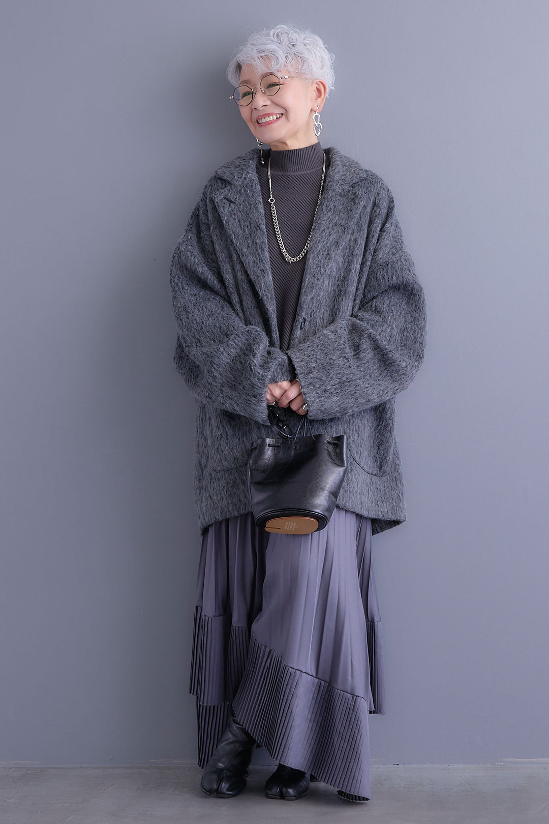 【SET】アシンメトリーオーバーニット+シャギーテーラードコート+アシンメトリープリーツスカート(3set)