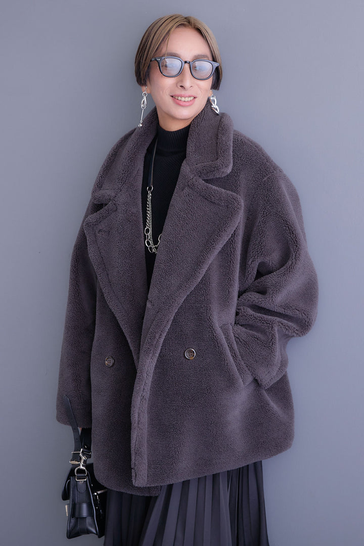 【SET】アシンメトリーオーバーニット+テディボアミディコート+アシンメトリープリーツスカート(3set)