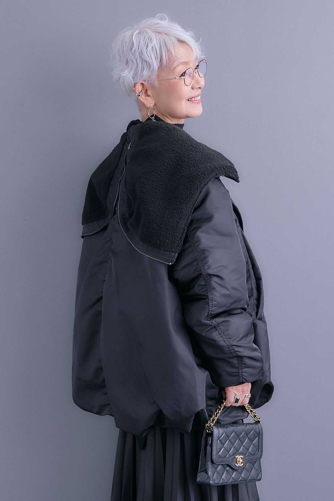 【SET】アシンメトリーオーバーニット+2WAYオーバーカラーN-3Bジャケット+アシンメトリープリーツスカート(3set)