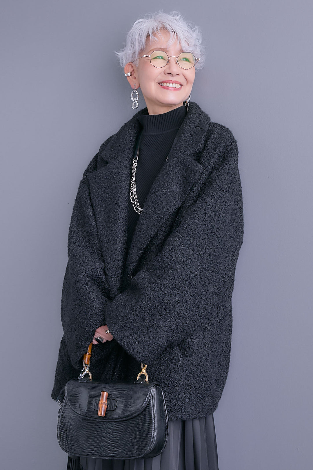 【SET】アシンメトリーオーバーニット+ブークレーテーラードコート+アシンメトリープリーツスカート(3set)