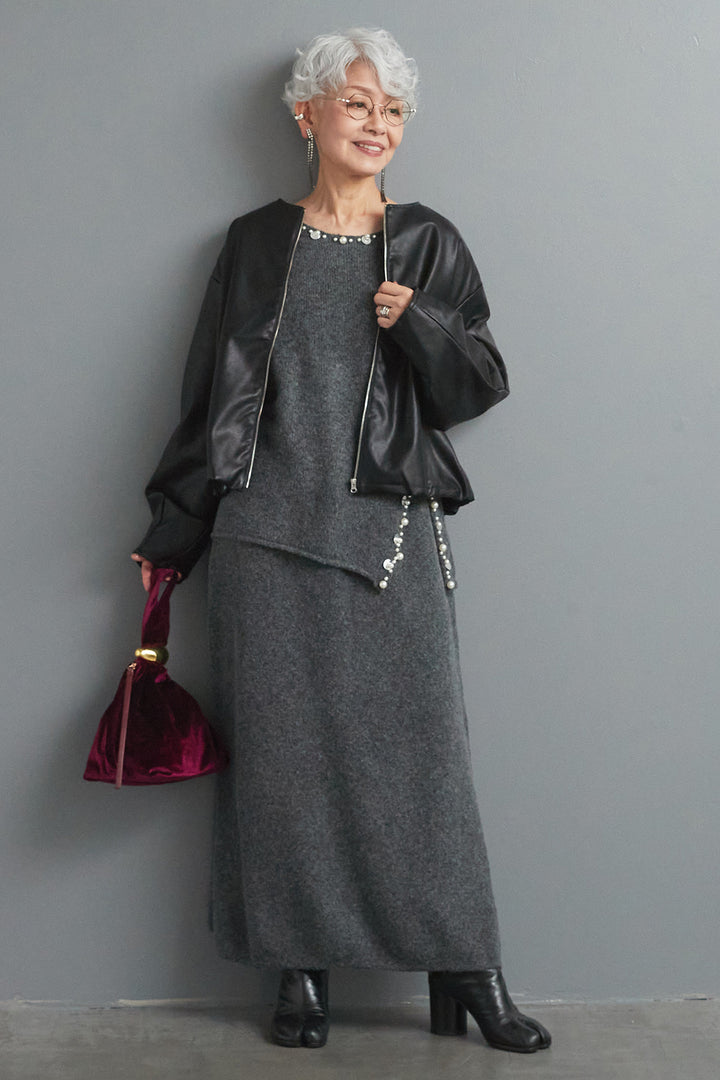 【SET】ビジューニットセットアップ+ラウンドシルエットエコレザーノーカラージャケット(2set)