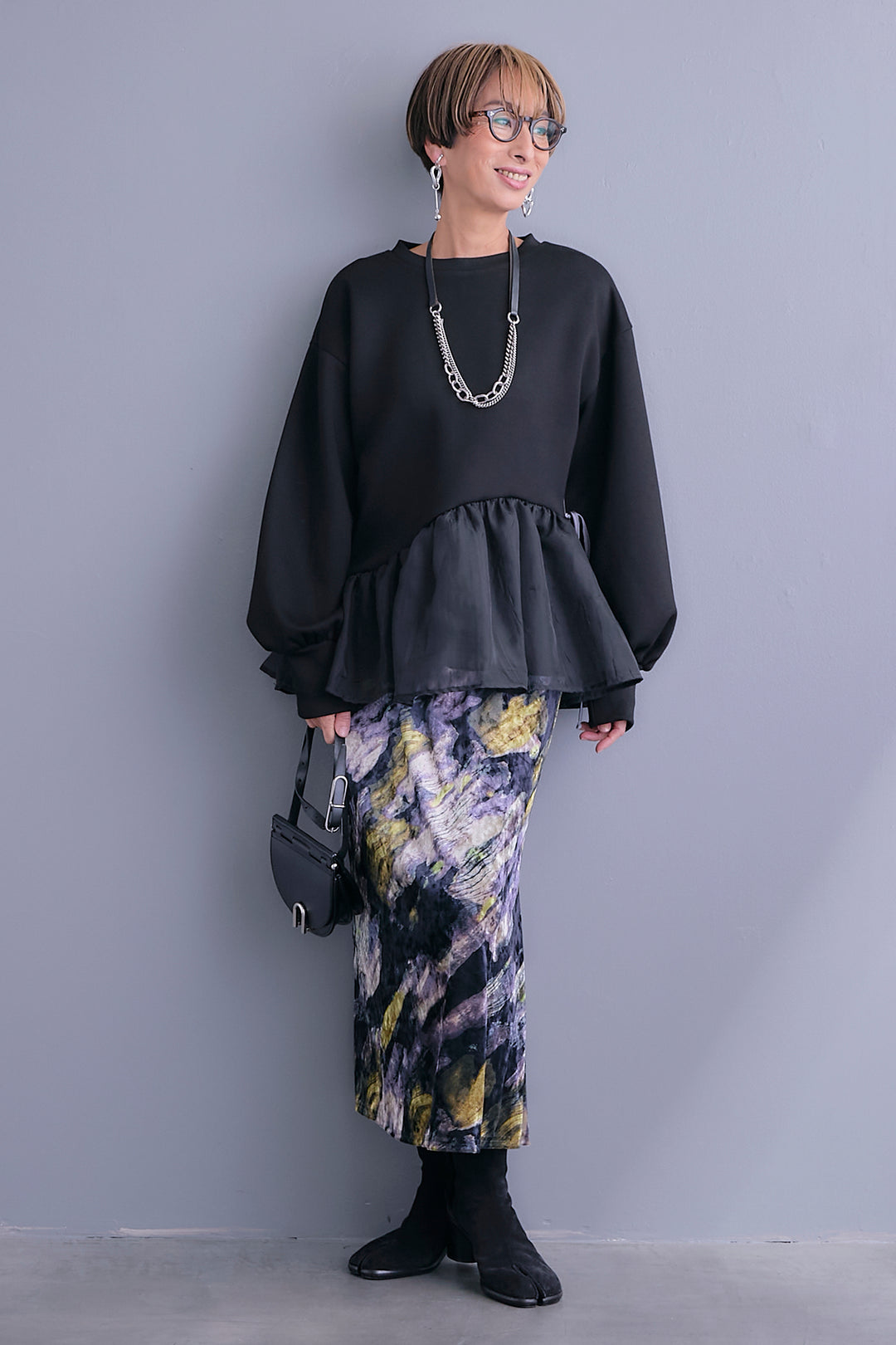 【SET】アシメペプラムオーガンジートップス+ベロアニュアンスアートスカート(2set)