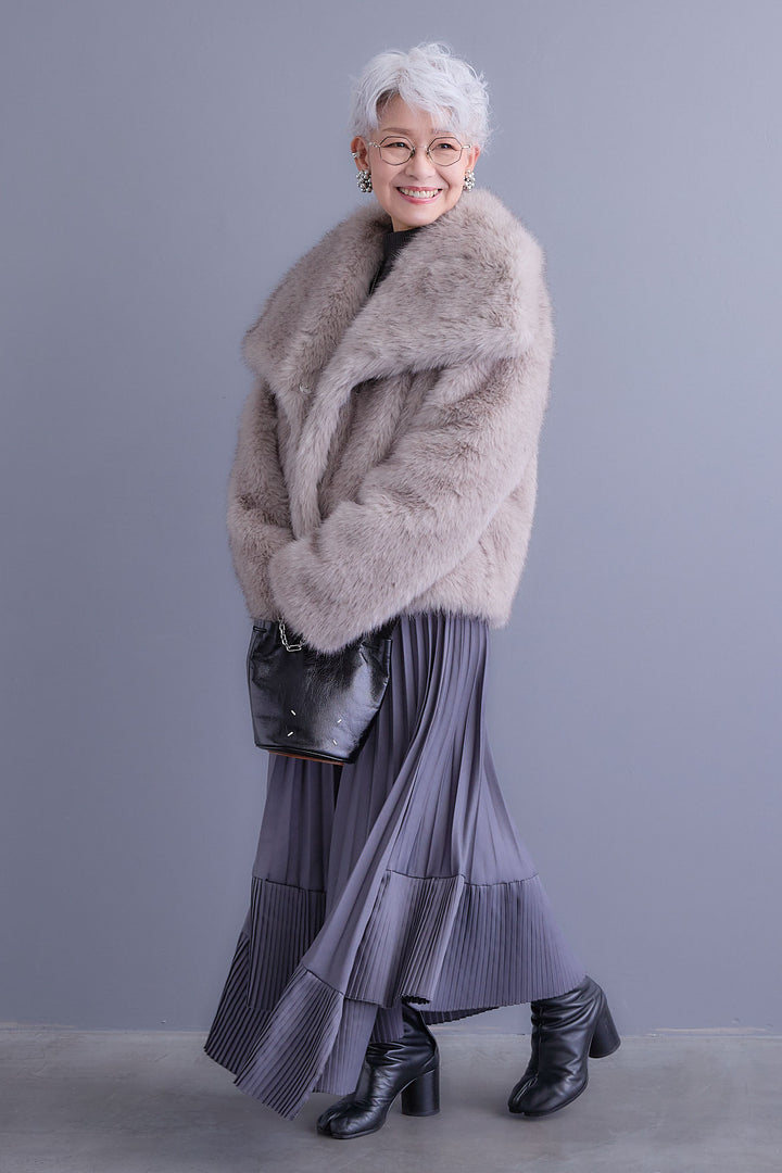 【SET】アシンメトリーオーバーニット+オーバーカラーファーコート+アシンメトリープリーツスカート(3set)