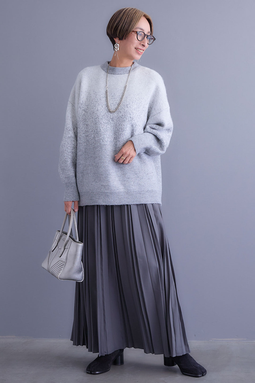 【SET】グラデーションラメクルーネックニット+ダブルプリーツロングスカート(2set)