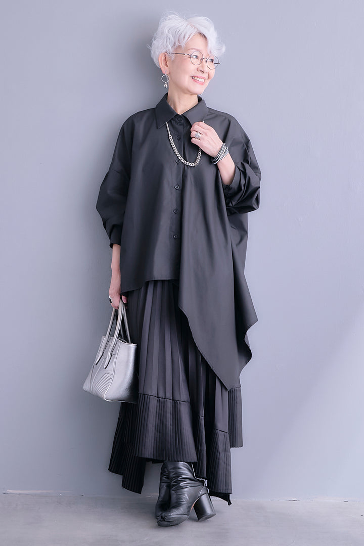 【SET】アシンメトリーロングシャツ+アシンメトリープリーツスカート(2set)