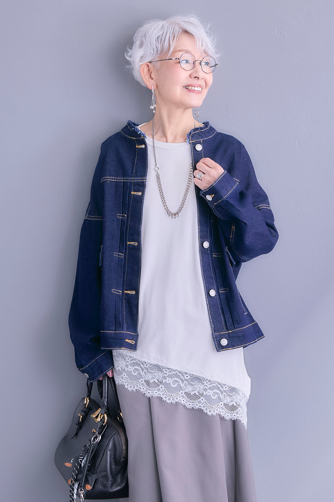 【SET】ノーカラーオーバーサイズデニムジャケット+ヘムレースアシメロンT+ヘムチュールレイヤードフリルスカート(3set)