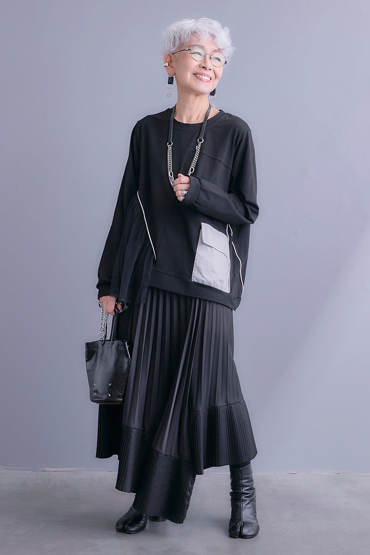 【SET】チュールギャザーアシメポケットプルオーバー+アシンメトリープリーツスカート(2set)