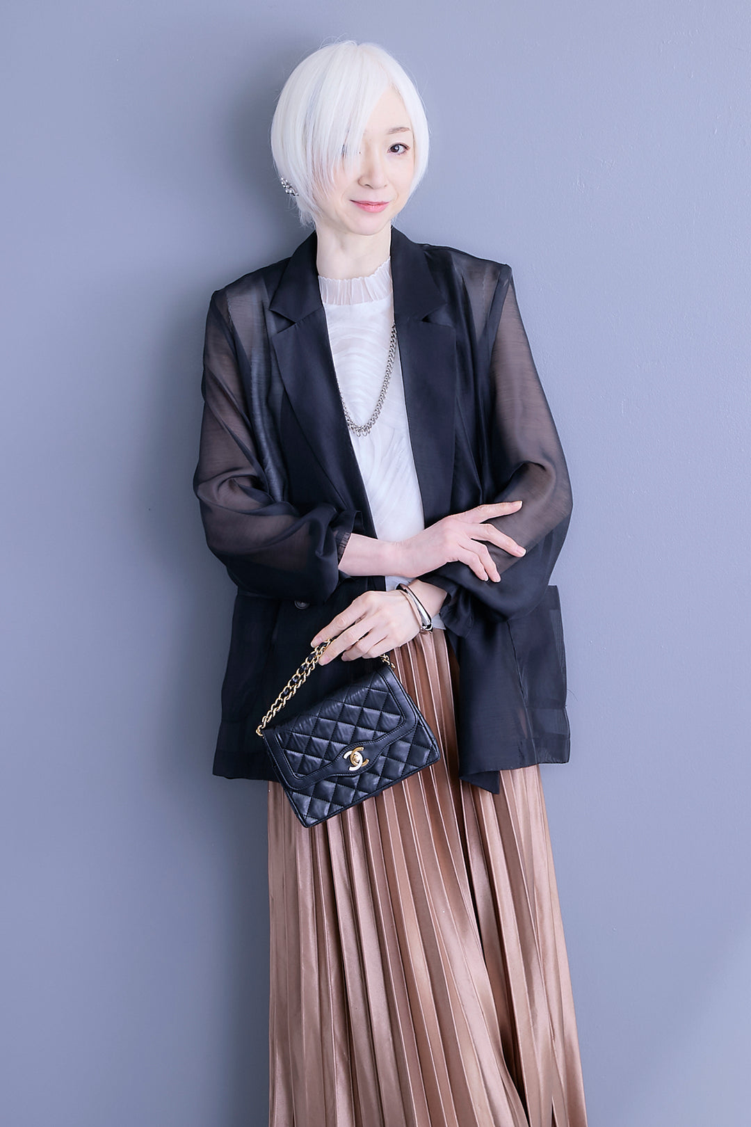 【SET】シアーポプリンダブルテーラードジャケット+ウェーブモチーフスタンドネックブラウス+2WAYラメサテンプリーツ×シアーティアードチュールスカート(3set)