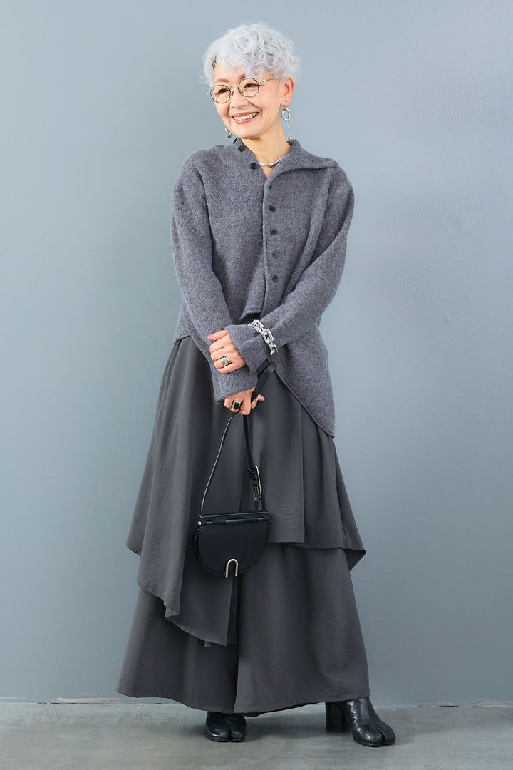 【SET】アシメハイネックボタンニット+アシメレイヤードワイドパンツ(2set)