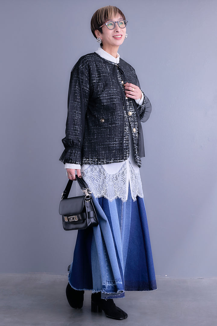 【SET】ツイード×チュールレイヤードノーカラージャケット+ヘムレースロングシャツ+プリーツタックデニムスカート(3set)