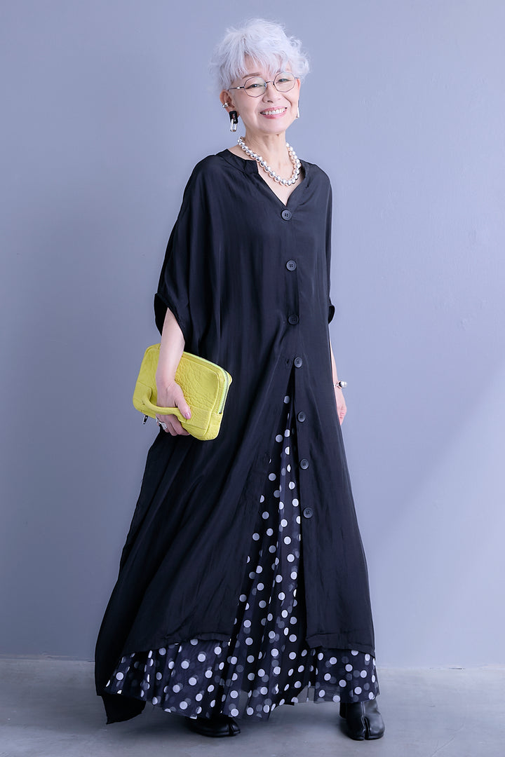 【SET】ドルマンルーズシャツワンピース+ドットチュールフレアスカート(2set)