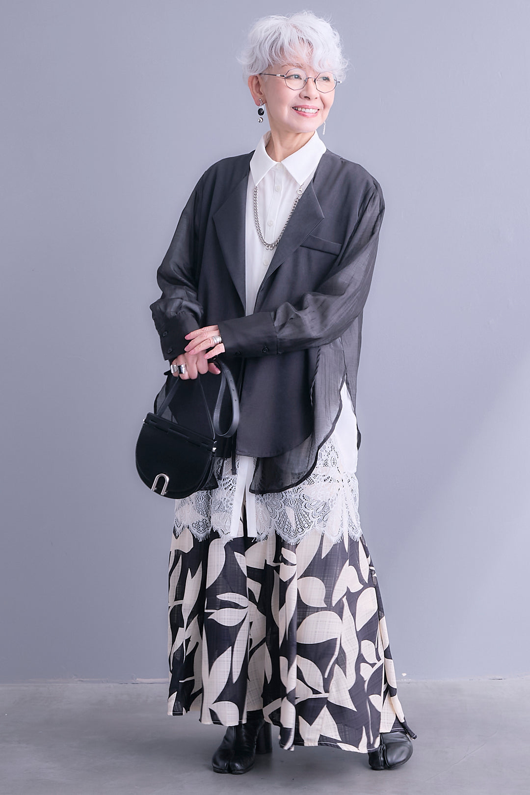 【SET】シアーシャツドッキングジャケット+ヘムレースロングシャツ+リーフアートフレアスカート(3set)