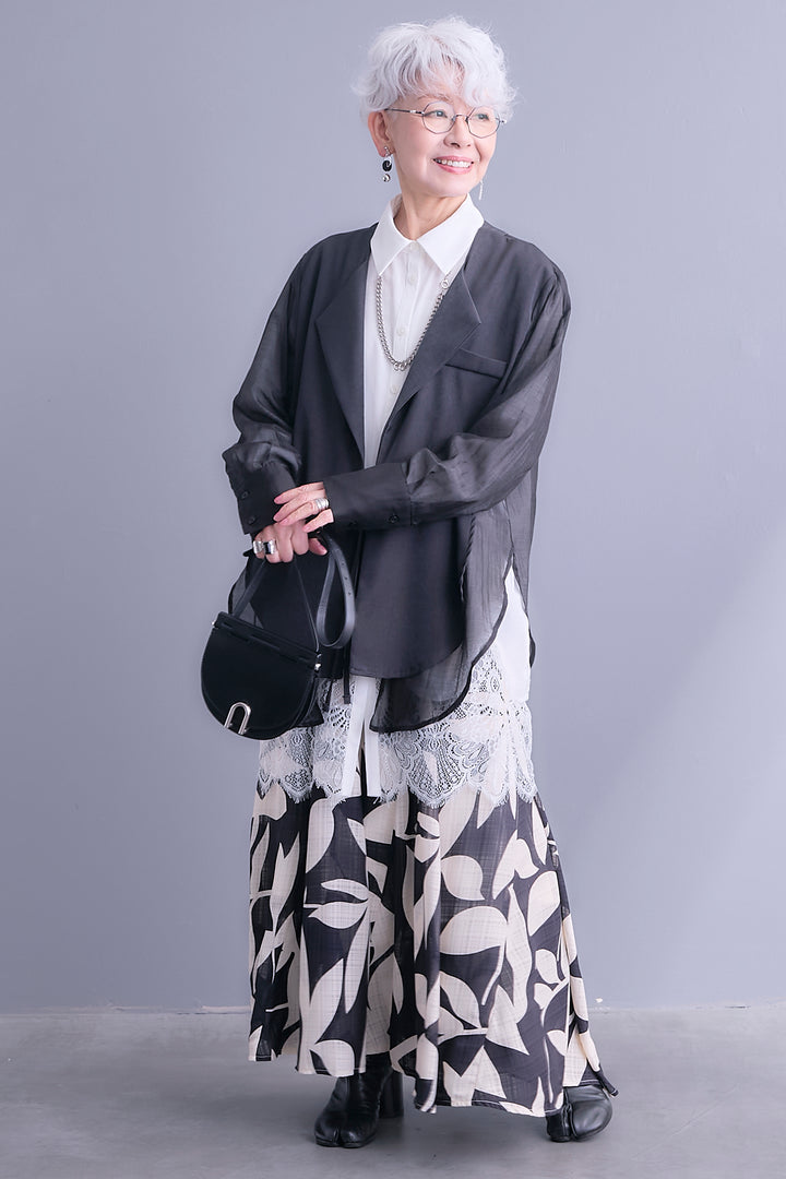 【SET】シアーシャツドッキングジャケット+ヘムレースロングシャツ+リーフアートフレアスカート(3set)