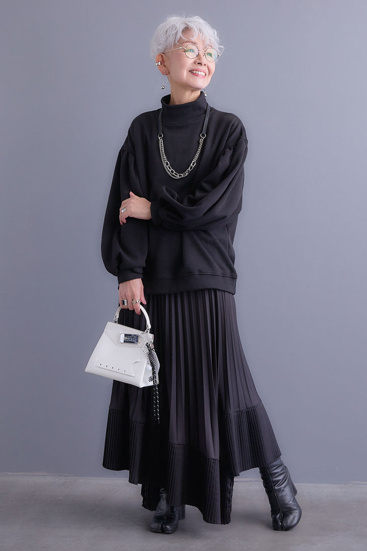 【SET】ボリュームスリーブモックネックプルオーバー+アシンメトリープリーツスカート(2set)