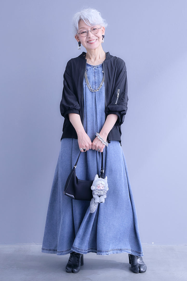 【SET】バルーンハーフスリーブMA-1ジャケット+パウダーシルクヴィンテージデニムワンピース(2set)