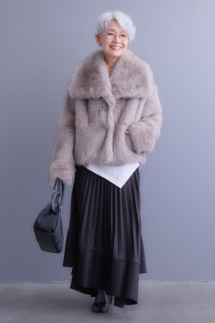 【SET】アシンメトリーロンT+オーバーカラーファーコート+アシンメトリープリーツスカート(3set)