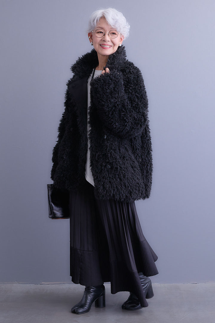 【SET】アシンメトリーロンT+プードルボア2WAYカラーコート+アシンメトリープリーツスカート(3set)