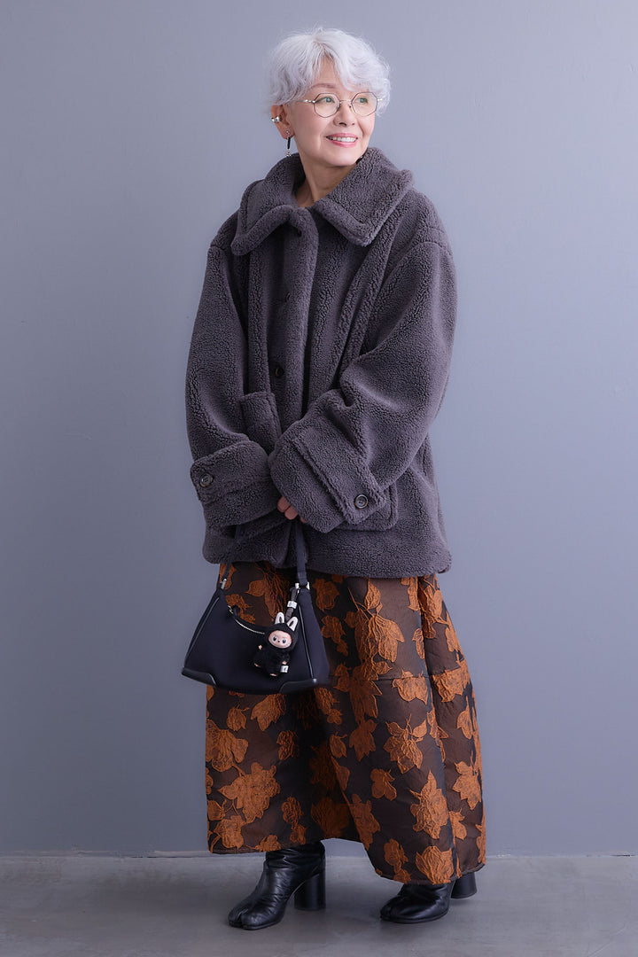 【SET】テディボアフラットカラーコート+ジャガードフラワースカート(2set)