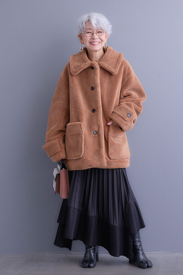 【SET】テディボアフラットカラーコート+アシンメトリープリーツスカート(2set)