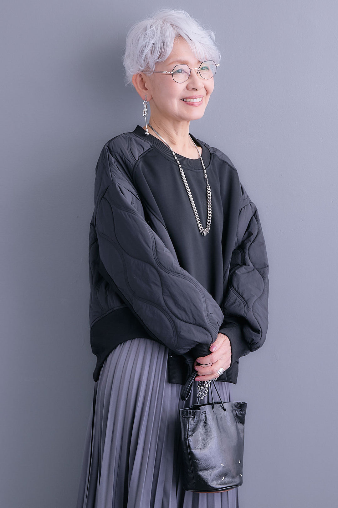 【SET】キルティングドッキングデザインプルオーバー+アシンメトリープリーツスカート(2set)