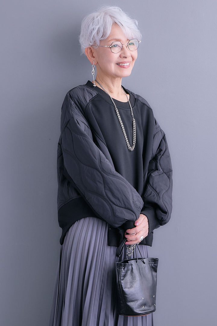 【SET】キルティングドッキングデザインプルオーバー+アシンメトリープリーツスカート(2set)