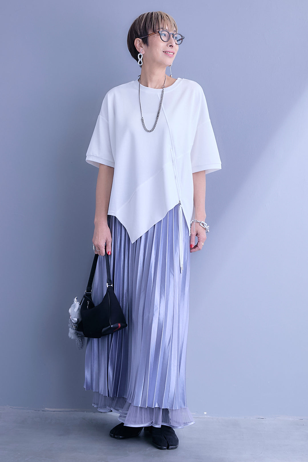 【SET】アシメZIPデザインハーフスリーブトップス+2WAYラメサテンプリーツ×シアーティアードチュールスカート(2set)
