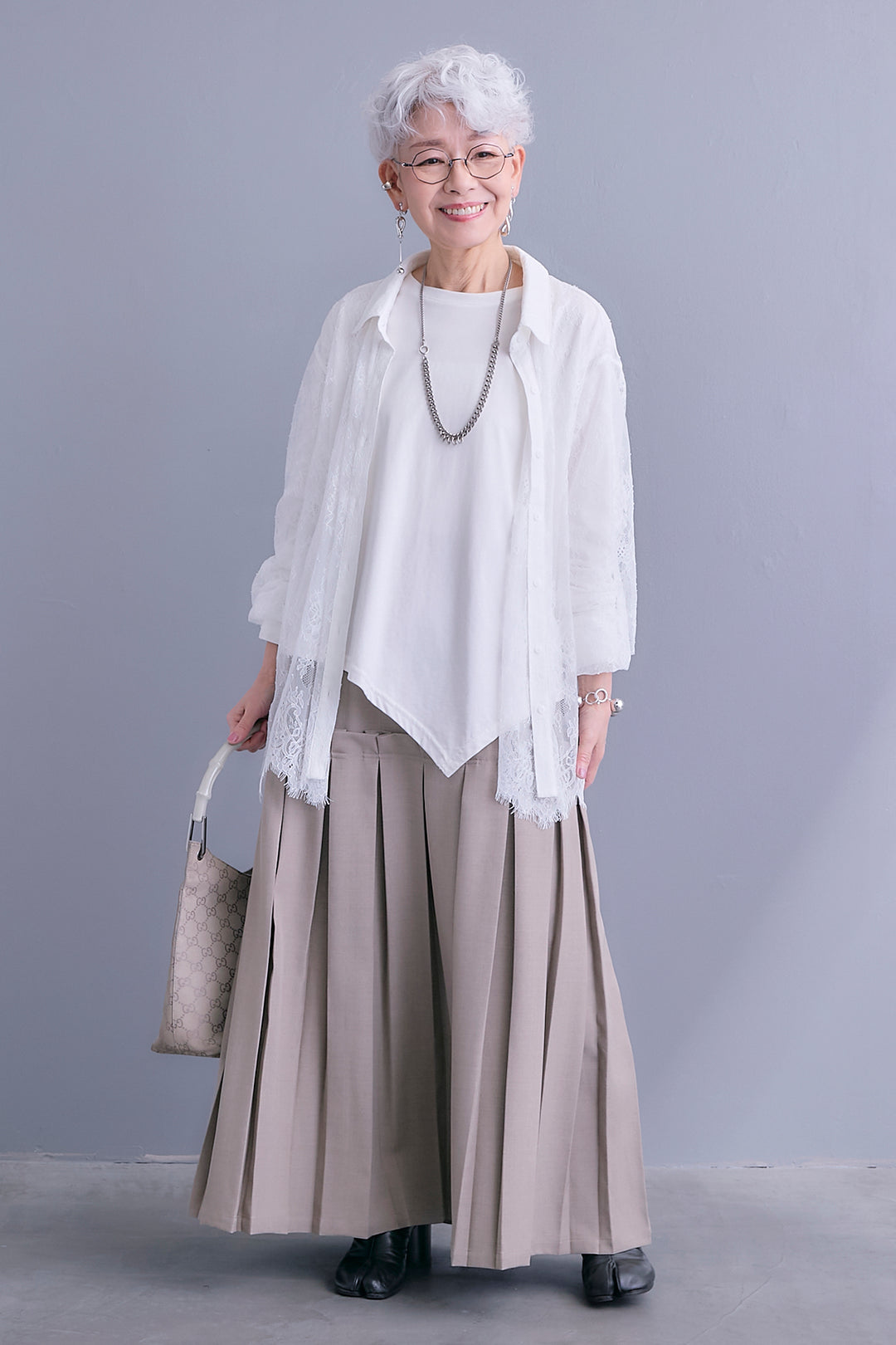 【SET】アイラッシュレースボリュームスリーブシャツ+アシンメトリーロンT+ボックスプリーツロングスカート(3set)