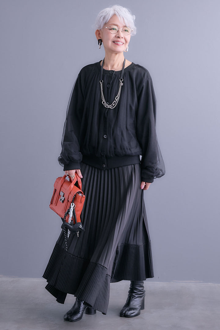 【SET】ノーカラーチュールレイヤードカーディガン+アシンメトリープリーツスカート(2set)