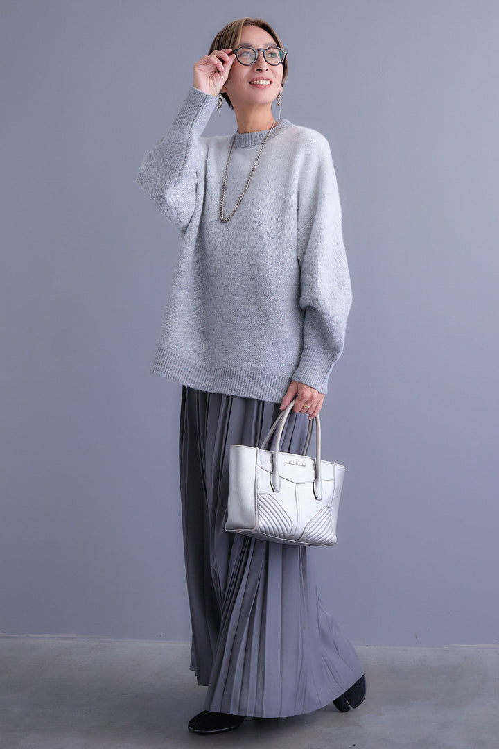 【SET】グラデーションラメクルーネックニット+ダブルプリーツロングスカート(2set)